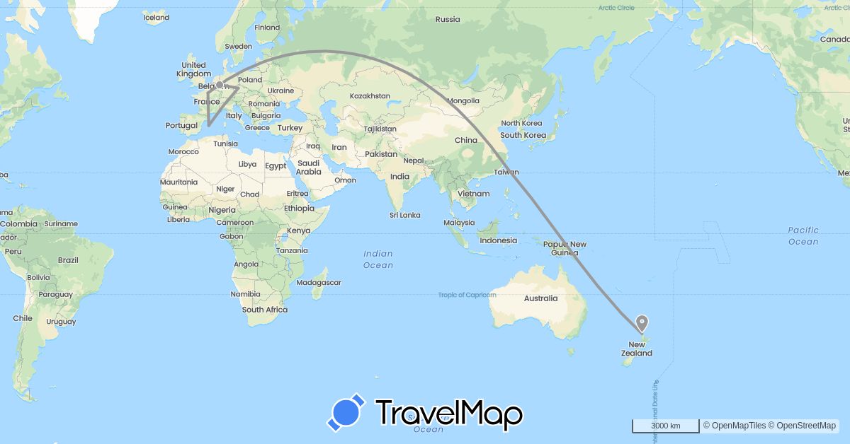 TravelMap itinerary: driving, plane in Czech Republic, Germany, France, New Zealand, Taiwan (Asia, Europe, Oceania)