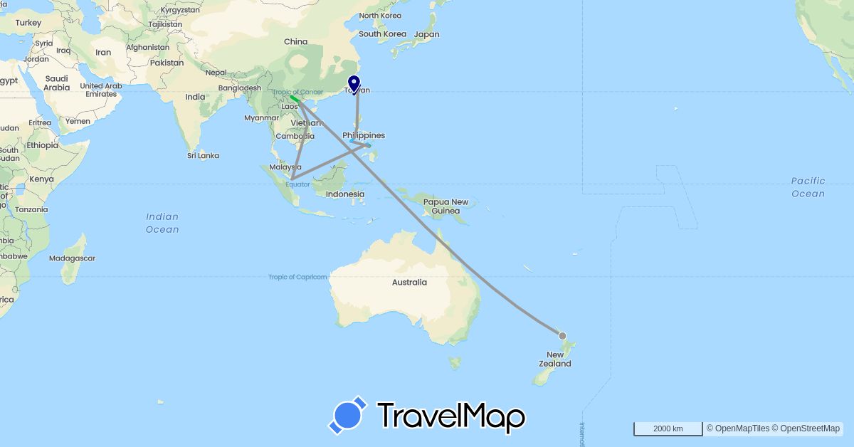 TravelMap itinerary: driving, bus, plane, boat in New Zealand, Philippines, Singapore, Taiwan, Vietnam (Asia, Oceania)
