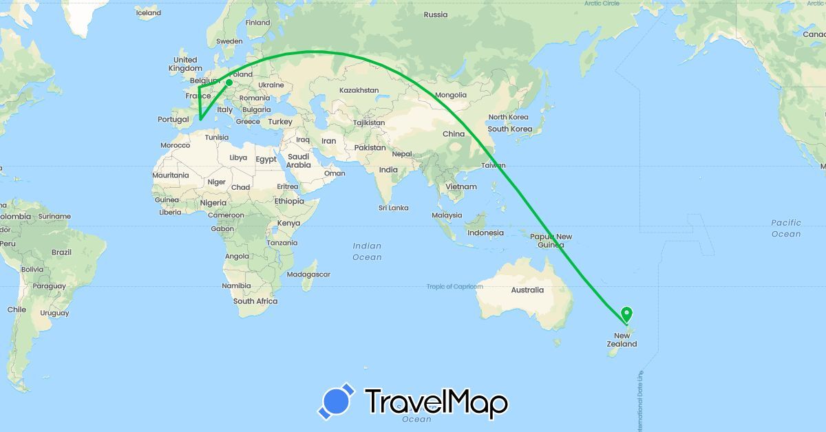 TravelMap itinerary: bus, plane in Czech Republic, Germany, Spain, France, New Zealand, Taiwan (Asia, Europe, Oceania)