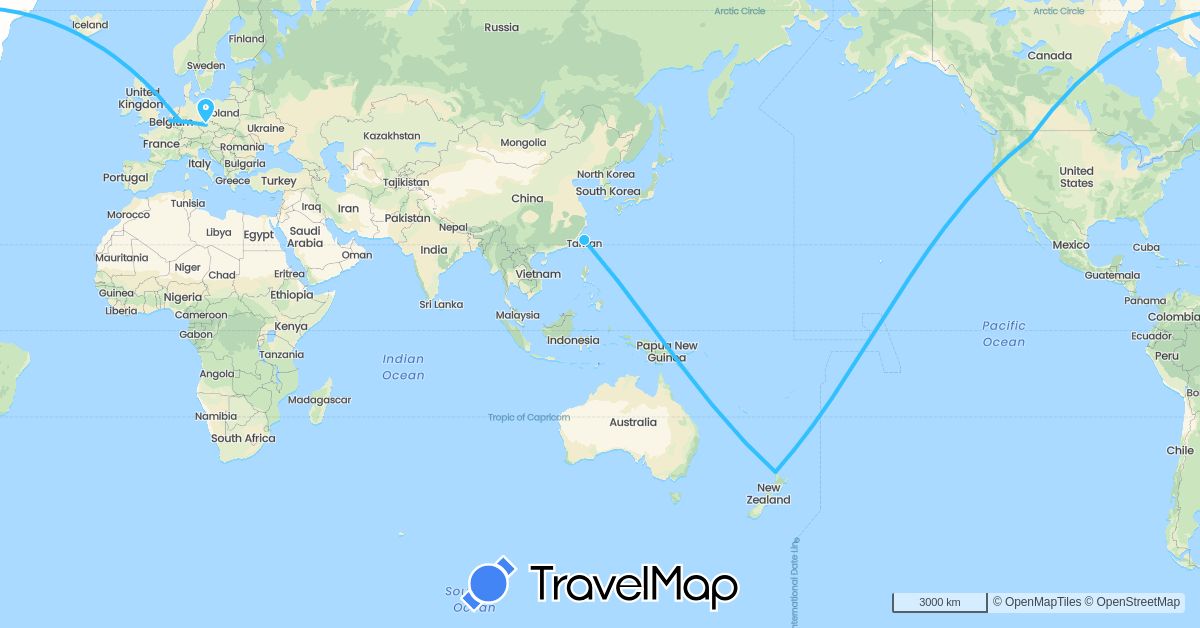 TravelMap itinerary: driving, boat in Belgium, Czech Republic, Germany, New Zealand, Taiwan, United States (Asia, Europe, North America, Oceania)